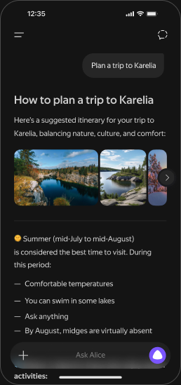 Alice AI app: a conversation planning a trip to Karelia
