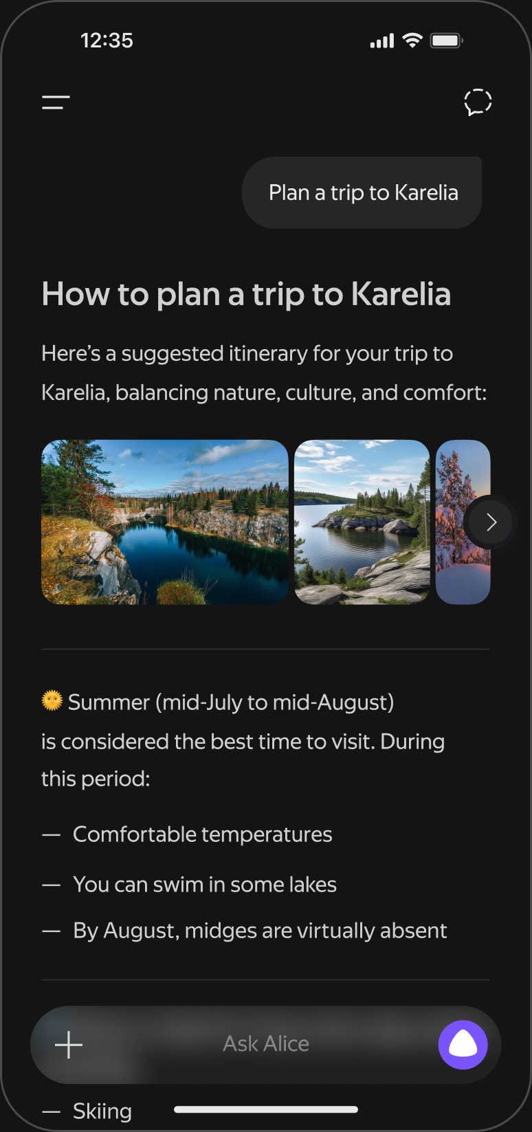 Alice AI app: a conversation planning a trip to Karelia
