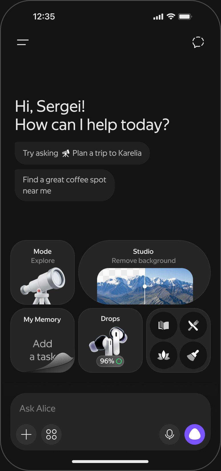 Alice AI app: assistant home screen and creative tools